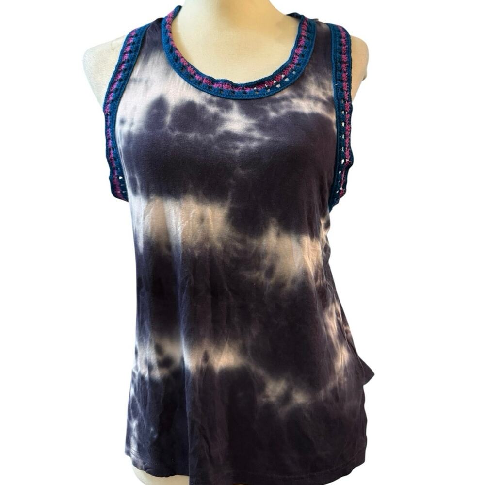 Natural Life Tie Dye Crochet Trim Racerback Tank Top, Boho, Medium
